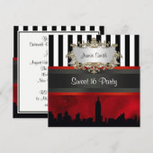 NYC Skyline Sil Red Sky Blk Wht Stripe Sweet 16 Kaart (Voorkant / Achterkant)
