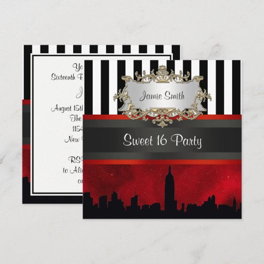 NYC Skyline Sil Red Sky Blk Wht Stripe Sweet 16 Kaart (Voorkant / Achterkant)