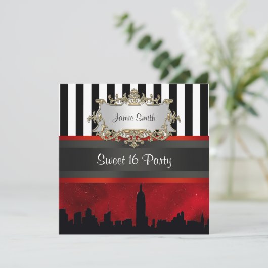 NYC Skyline Sil Red Sky Blk Wht Stripe Sweet 16 Kaart (Staand voorkant)