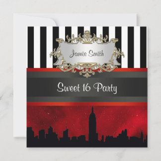 NYC Skyline Sil Red Sky Blk Wht Stripe Sweet 16 Kaart