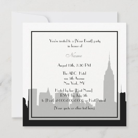 NYC Skyline Silhouet, ESB #1 BW SQ2 Party Invite Kaart (Achterkant)