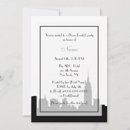 NYC Skyline Silhouet, ESB #1 BW V2 Party Invite Kaart (Achterkant)