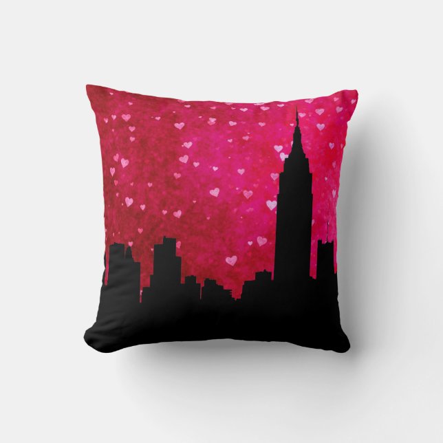 NYC skyline silhouet, ESB #1 roze rood hart Kussen (Voorkant)
