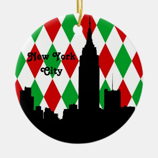 NYC Skyline Silhouet ESB Rode Groen Harlekijn Xmas Keramisch Ornament (Voorkant)
