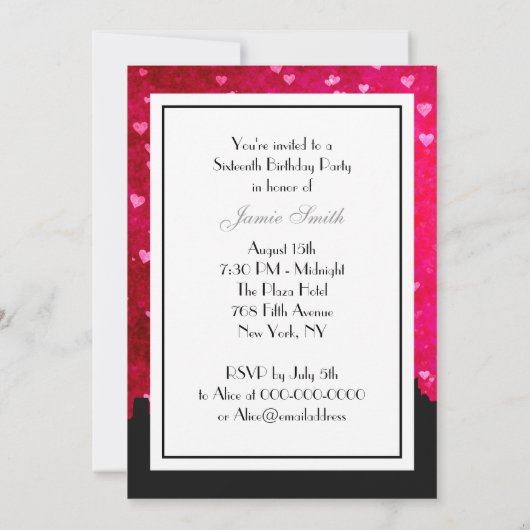 NYC Skyline Silhouet Hot Roze Rood HRT Sweet 16 V Kaart (Achterkant)