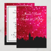 NYC Skyline Silhouet Hot Roze Rood HRT Sweet 16 V Kaart (Voorkant / Achterkant)