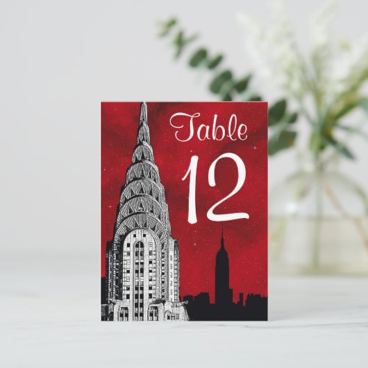 NYC Skyline Silhouet Rood Sterrentafelnummer Briefkaart (Staand voorkant)