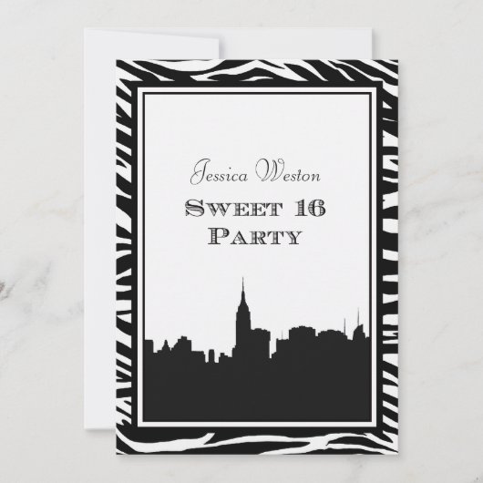 NYC Skyline Silhouette #2 Zebra Sweet 16 Kaart (Voorkant)