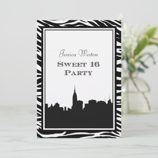 NYC Skyline Silhouette #2 Zebra Sweet 16 Kaart (Staand voorkant)