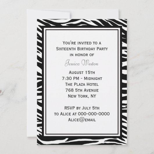 NYC Skyline Silhouette #2 Zebra Sweet 16 Kaart (Achterkant)