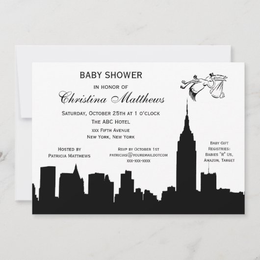 NYC Skyline Silhouette Baby shower Ooievaar Kaart (Voorkant)