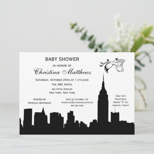 NYC Skyline Silhouette Baby shower Ooievaar Kaart (Staand voorkant)