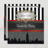 NYC Skyline Silhouette Blk Wht Stripe Sweet 16 Kaart (Voorkant / Achterkant)