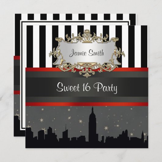 NYC Skyline Silhouette Blk Wht Stripe Sweet 16 Kaart (Voorkant / Achterkant)