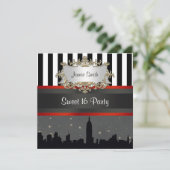 NYC Skyline Silhouette Blk Wht Stripe Sweet 16 Kaart (Staand voorkant)