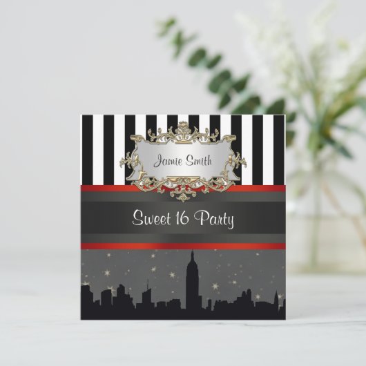 NYC Skyline Silhouette Blk Wht Stripe Sweet 16 Kaart (Staand voorkant)