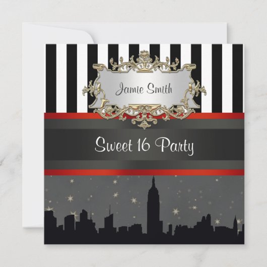 NYC Skyline Silhouette Blk Wht Stripe Sweet 16 Kaart (Voorkant)