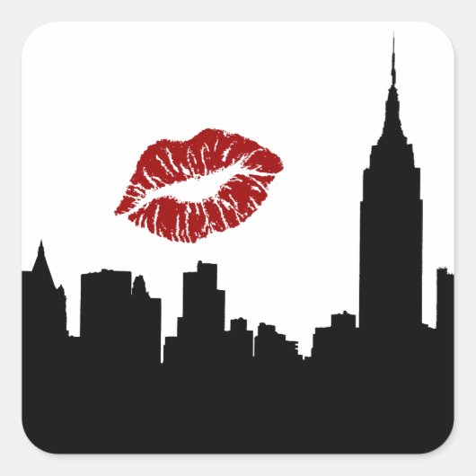 NYC Skyline Silhouette, ESB #1 Red Lipstick Kiss Vierkante Sticker (Voorkant)