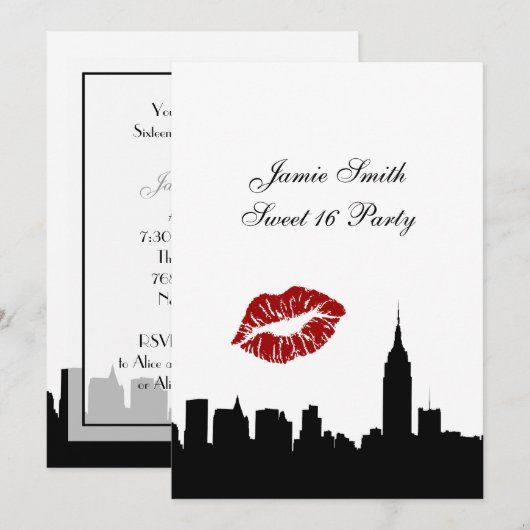 NYC Skyline Silhouette, Kiss ESB #1 BW Sweet 16 V Kaart (Voorkant / Achterkant)