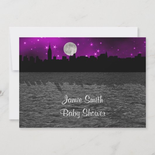 NYC Skyline Silhouette Moon Paars Baby shower Kaart (Voorkant)