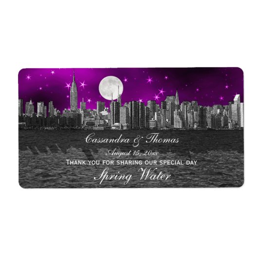 NYC Skyline Silhouette Moon Paars H Water Bottle Etiket (Voorkant)