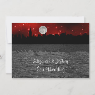 NYC Skyline Silhouette Moon Red Wedding Kaart