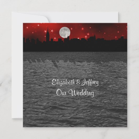 NYC Skyline Silhouette Moon Red Wedding SQ Kaart (Voorkant)