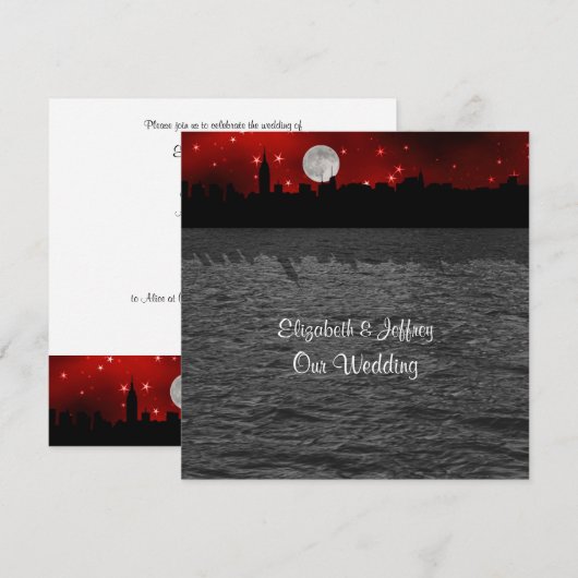 NYC Skyline Silhouette Moon Red Wedding SQ Kaart (Voorkant / Achterkant)