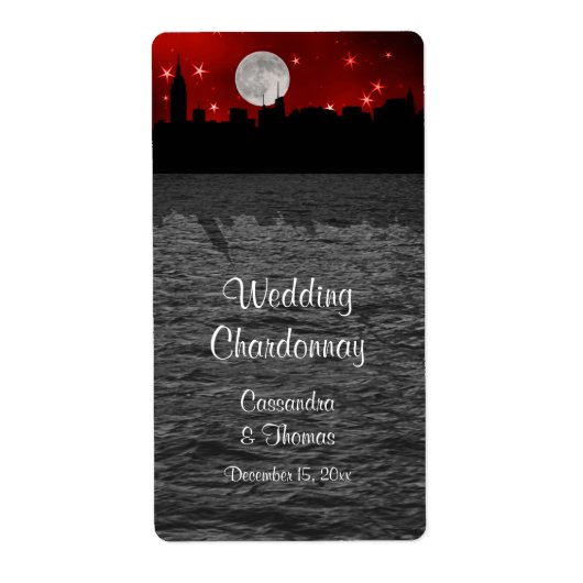NYC Skyline Silhouette Moon Red Wine Label (Voorkant)