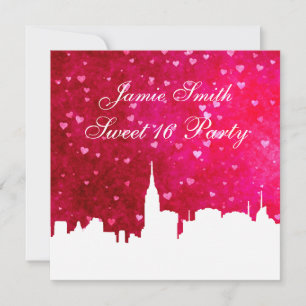 NYC Skyline Silhouette Pink Red Heart Sweet 16 Kaart