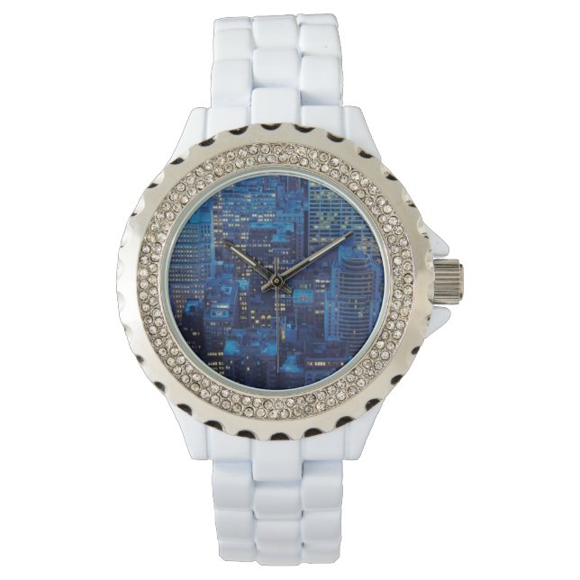 NYC Skyline, uitzicht met hoge hoek bij schemering Horloge (Voorkant)