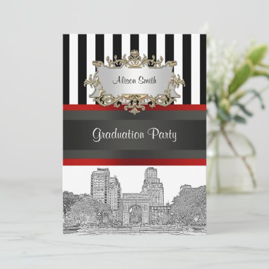 NYC Skyline Wash SQ PK BK WHT Stripe Afstuderen Kaart (Staand voorkant)