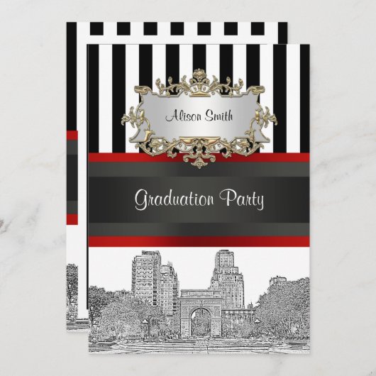 NYC Skyline Wash SQ PK BK WHT Stripe Afstuderen Kaart (Voorkant / Achterkant)