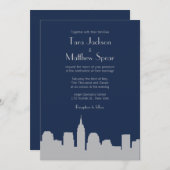 NYC Skyline Wedding Invitation - Navy / Silver Kaart (Voorkant / Achterkant)