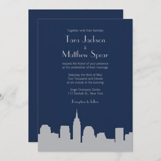 NYC Skyline Wedding Invitation - Navy / Silver Kaart (Voorkant / Achterkant)