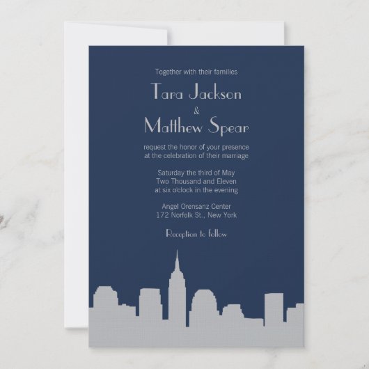 NYC Skyline Wedding Invitation - Navy / Silver Kaart (Voorkant)