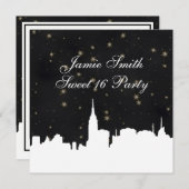 NYC Skyline Wht Silhouet Blk Gold Star Sweet 16 Kaart (Voorkant / Achterkant)