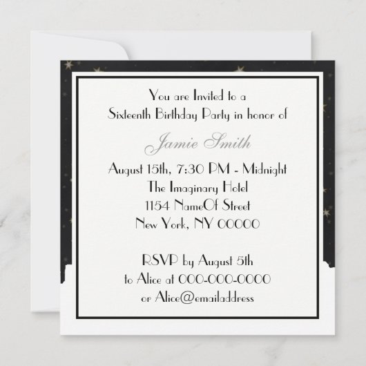 NYC Skyline Wht Silhouet Blk Gold Star Sweet 16 Kaart (Achterkant)