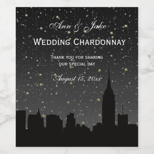 NYC Skyline Zwart Silhouet Sterren DIY BG Kleur Wijn Etiket (Enkel label)