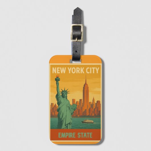 NYC Statue of Liberty & Empire State Retro Bagagelabel (Voorkant (verticaal))