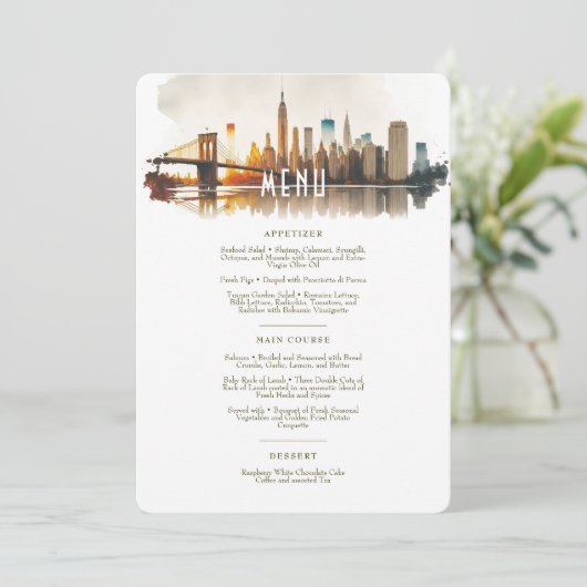 NYC Sundown Skyline Waterverf Bruiloft Menu Kaart (Staand voorkant)