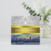 NYC Sunset Skyline ESB Wit Damask Vrijgezellenfees Kaart (Staand voorkant)