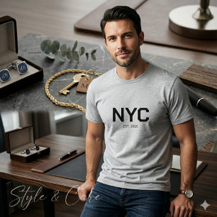 NYC-tekst markering heren modern grijs grafisch T-shirt