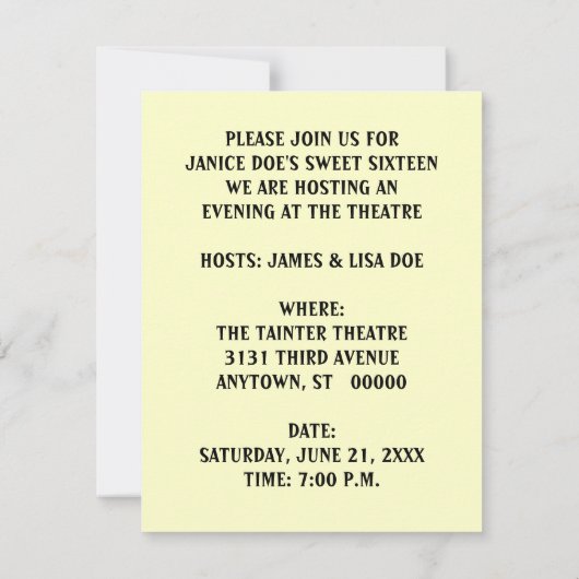 NYC THEATER DISTRICT THEMED INVITATION ~ Sweet 16 Kaart (Achterkant)