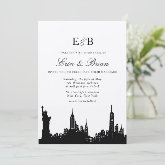 NYC uitnodiging voor zwarte en witte bruiloft (Staand voorkant)