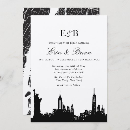 NYC uitnodiging voor zwarte en witte bruiloft (Voorkant / Achterkant)