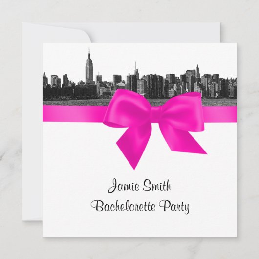 NYC Wide Skyline Etch BW Hot Pink Bachelorette SQ Kaart (Voorkant)
