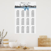 NYC Wide Skyline Etch BW LT Blue Bow Zitkaart Poster (Keuken)