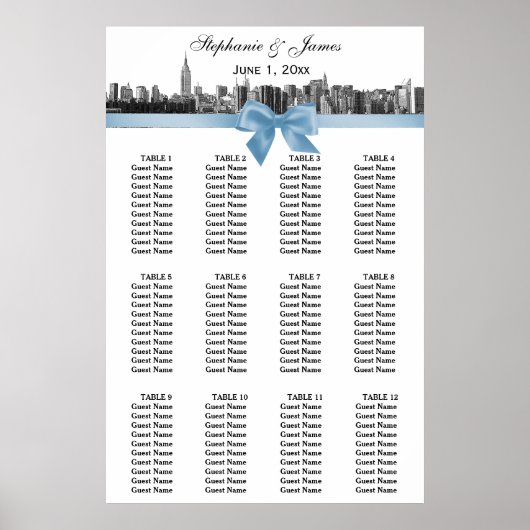 NYC Wide Skyline Etch BW LT Blue Bow Zitkaart Poster (Voorkant)
