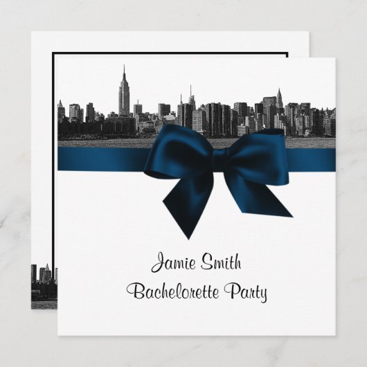 NYC Wide Skyline Etchd BW Navy Bachelorette Pty SQ Kaart (Voorkant / Achterkant)